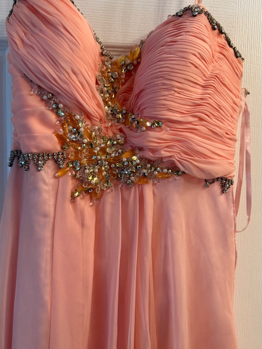 Dave & Johnny Pink Chiffon Formal Dress with Jeweled Appliqué